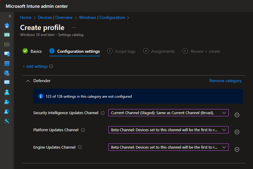 Defender Update controls policy in Intune